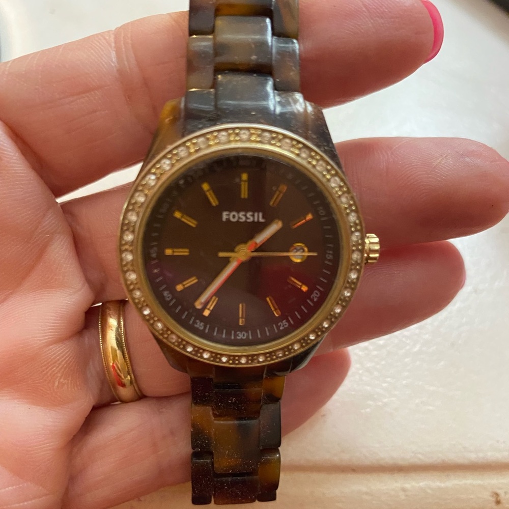 Fossil black brown and gold animal print watch